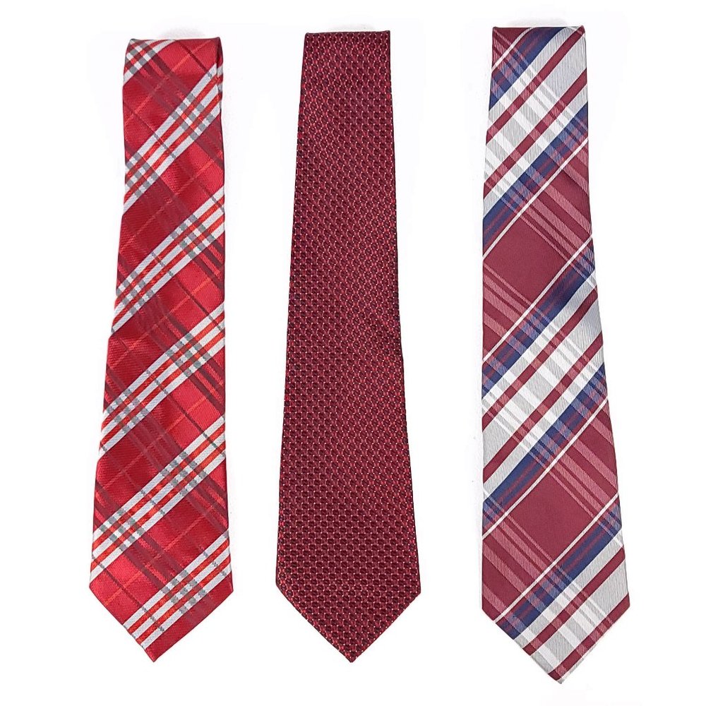 Kai Long Mens‎ Silk Necktie Lot 3 Red Burgundy Plaid Geometric Hand Made Ties